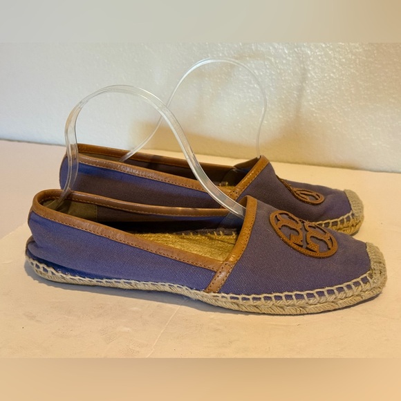 Tory Burch Canvas Espadrille Flats Purple Leather Logo Size 10 - Picture 2 of 9